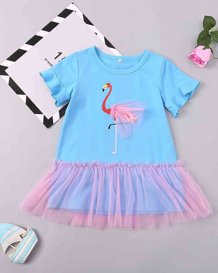 Flamingo Graphic Short Sleeve Spliced Mesh Dress