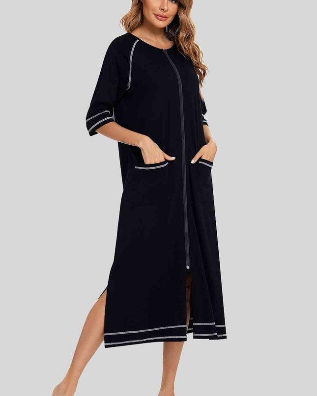 Zip Up Slit Round Neck Night Dress with Pockets