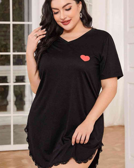 Plus Size Lace Trim V-Neck Short Sleeve Night Dress