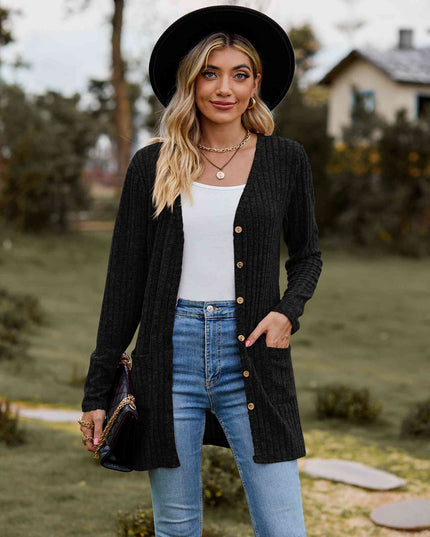 Ribbed Button-Up Cardigan with Pockets