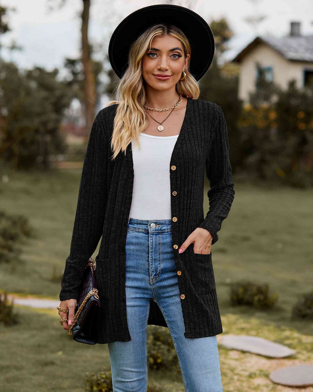 Ribbed Button-Up Cardigan with Pockets