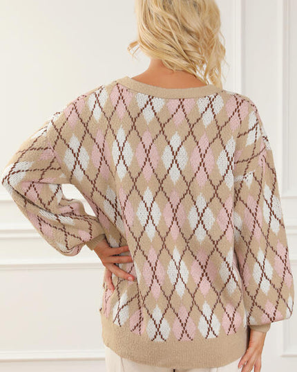 Button Up Geometric Dropped Shoulder Cardigan