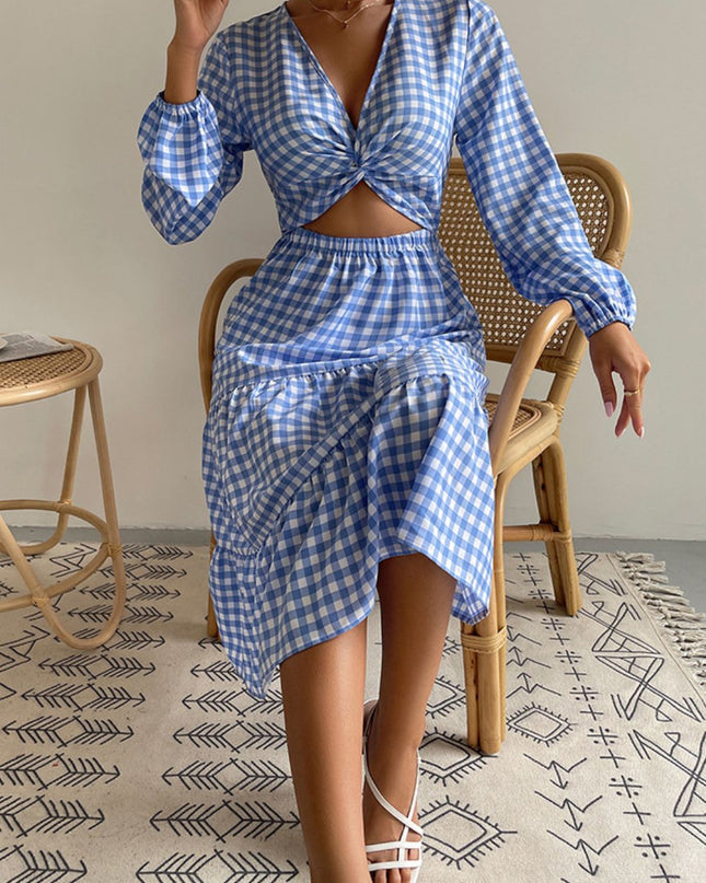 Plaid Cutout Twist Front Midi Dress