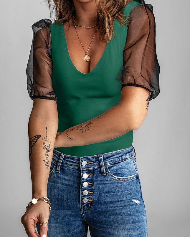Spliced Mesh Puff Sleeve Blouse