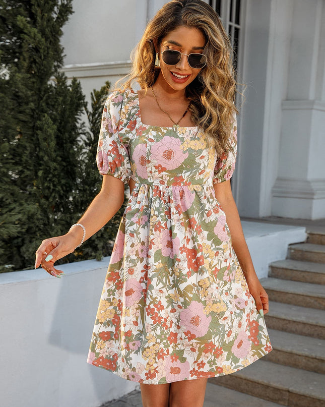 Floral Square Neck Cutout Mini Dress