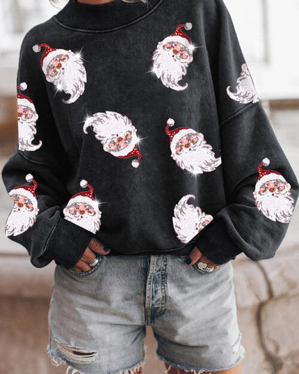 Sequin Santa Round Neck Drop Shoulder Sweatshirt