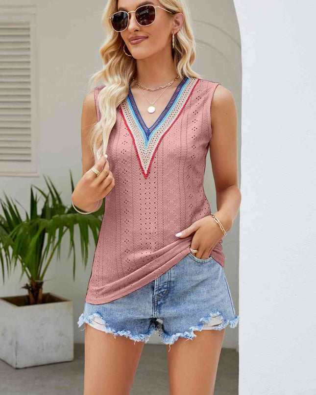 Contrast V-Neck Eyelet Tank
