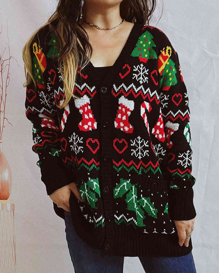 Printed Button Up V-Neck Long Sleeve Cardigan with Pockets