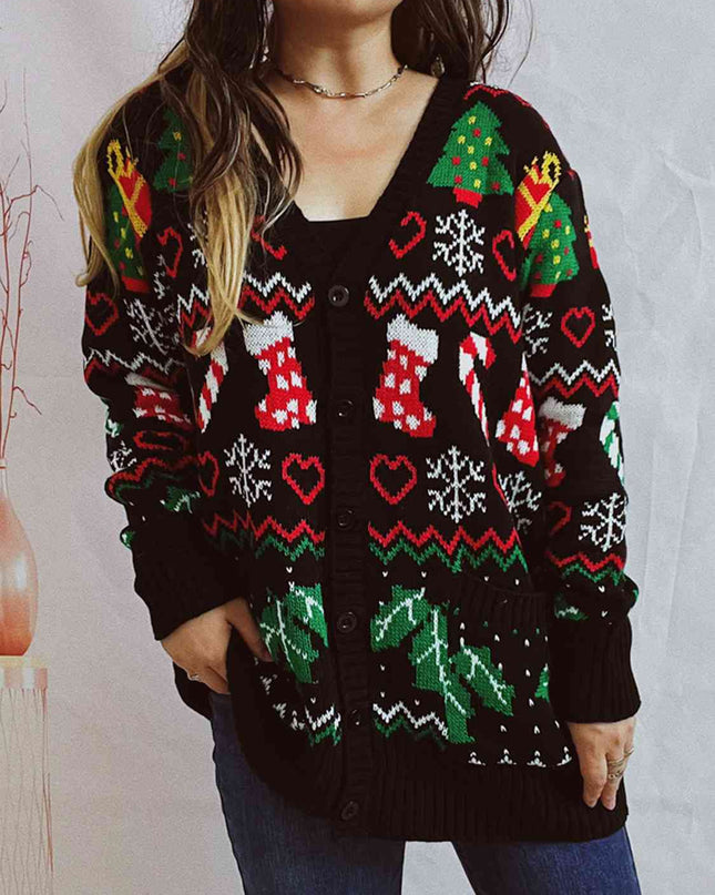 Printed Button Up V-Neck Long Sleeve Cardigan with Pockets