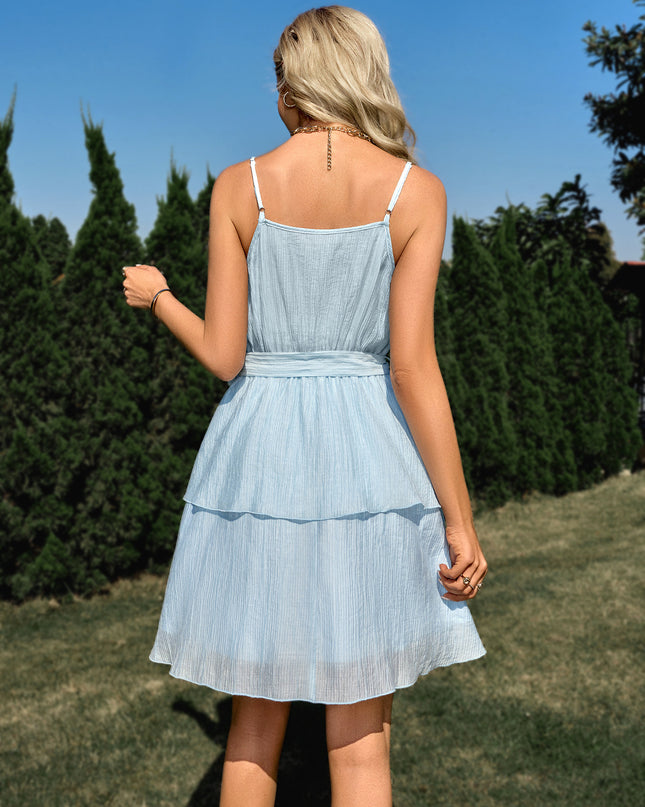 Tie Belt Surplice Spaghetti Strap Layered Dress