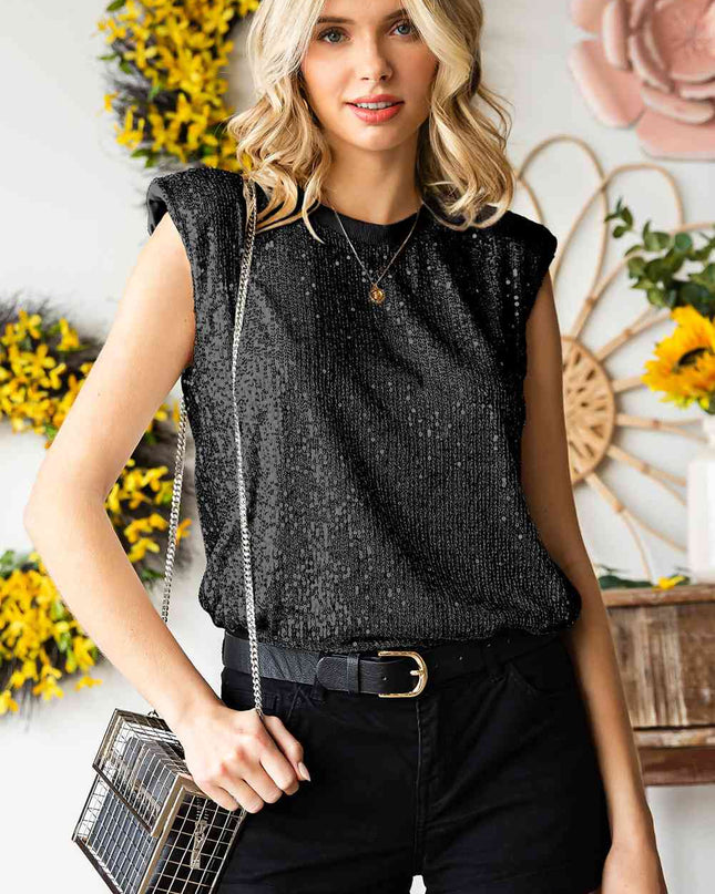 Sequin Round Neck Capped Sleeve Tank