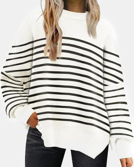 Round Neck Drop Shoulder Slit Sweater