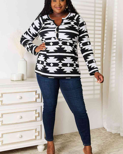 Heimish Full Size Geometric Notched Neck Long Sleeve Top
