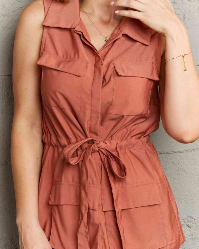 Ninexis Follow The Light Sleeveless Collared Button Down Top
