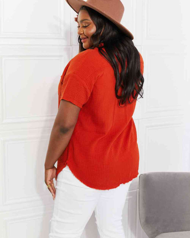 Zenana Full Size Summer Breeze Gauze Short Sleeve Shirt in Copper