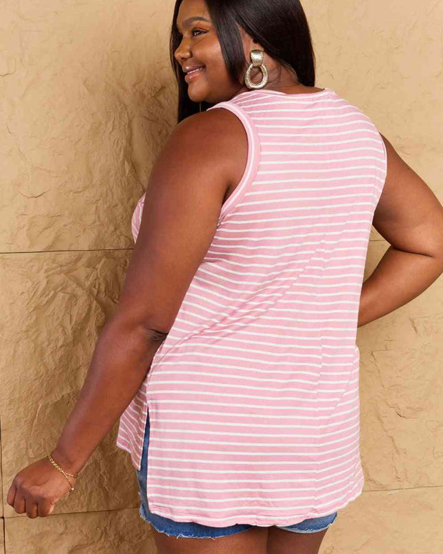 Doublju Talk To Me Full Size Striped Sleeveless V-Neck Top