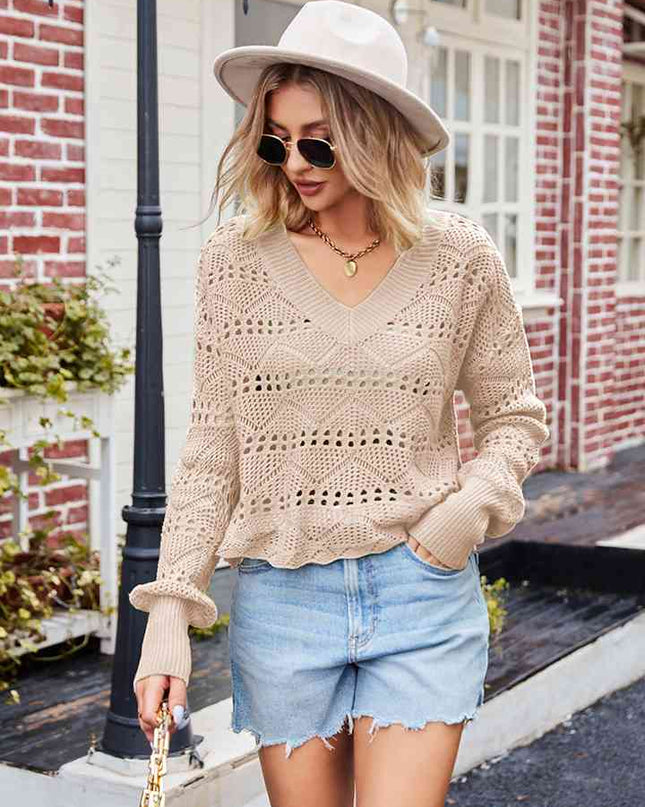 V-Neck Openwork Long Sleeve Sweater