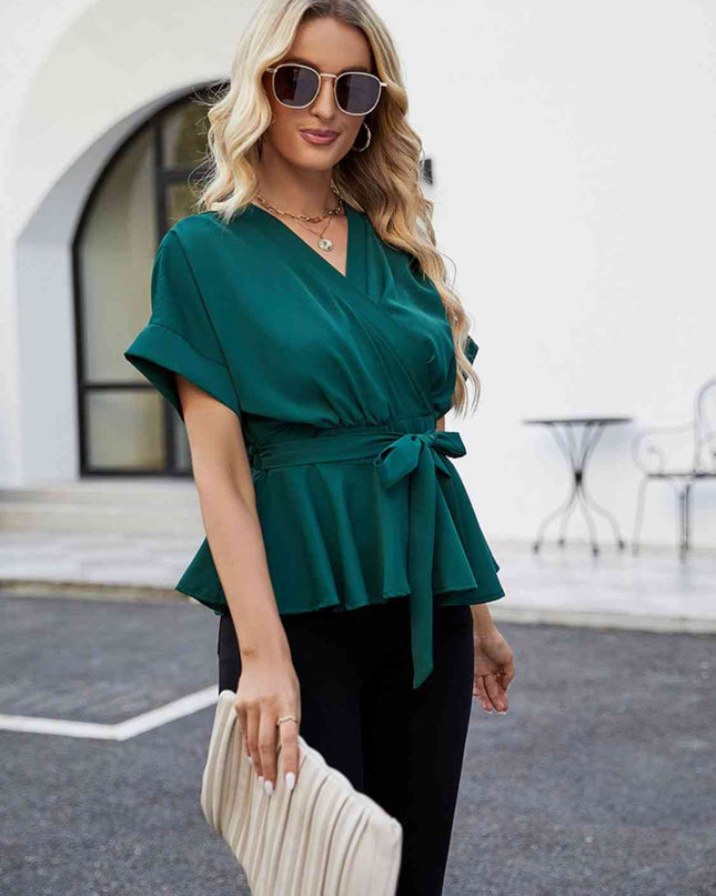 Surplice Neck Short Sleeve Front Tie Ruffle Hem Blouse