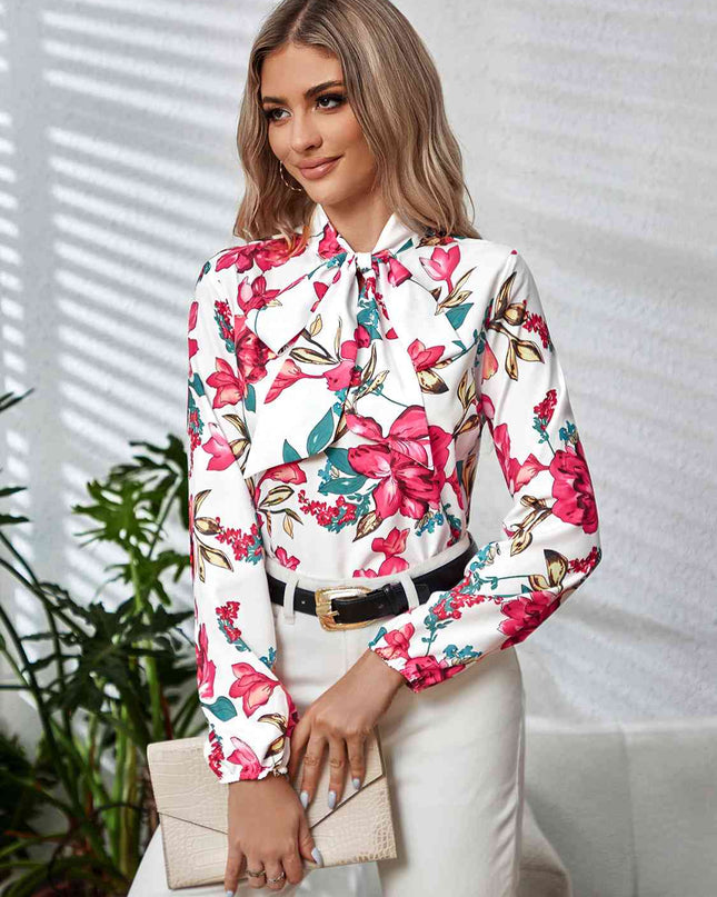 Printed Tie Neck Long Sleeve Blouse
