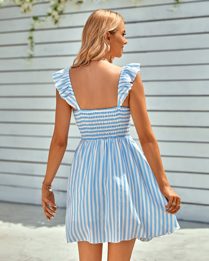 Striped Smocked Ruffle-Shoulder Sleeveless Dress