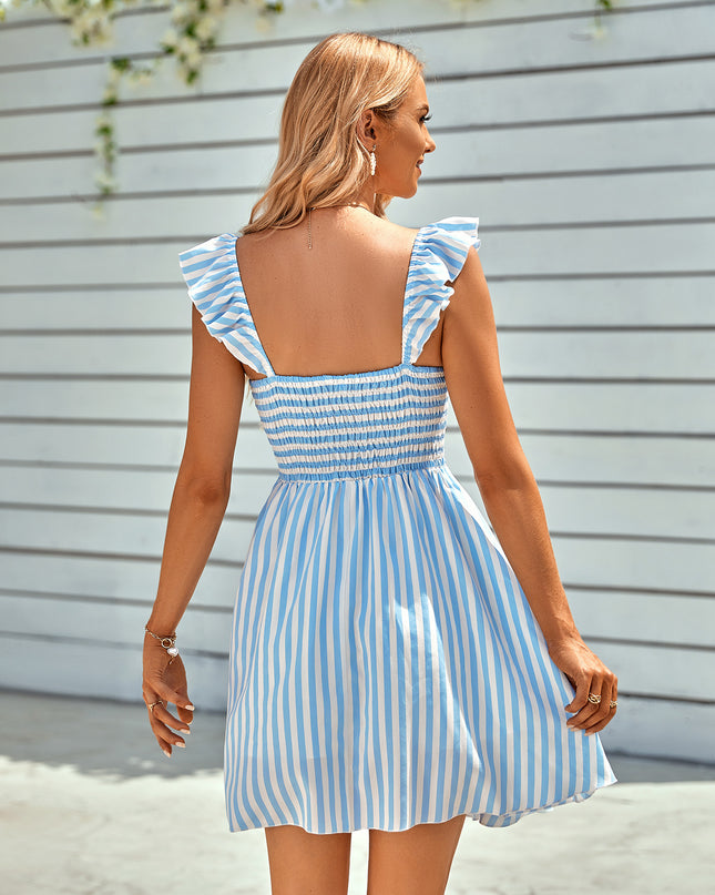 Striped Smocked Ruffle-Shoulder Sleeveless Dress