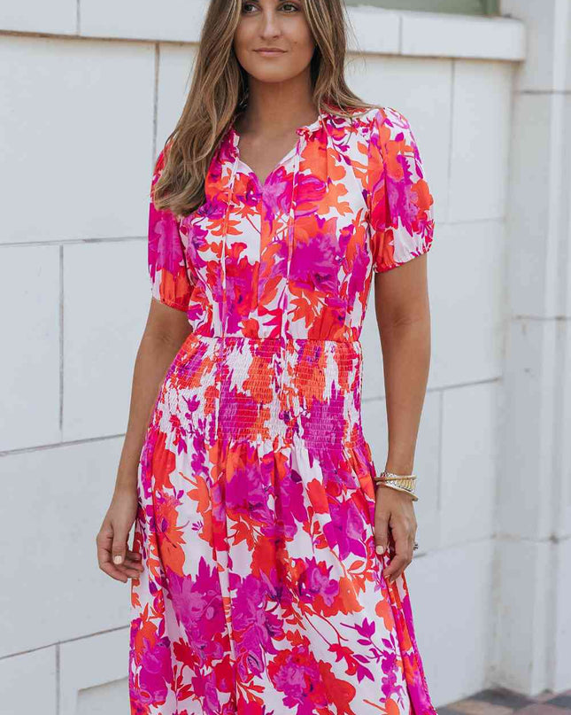 Smocked Printed Tie Neck Short Sleeve Dress