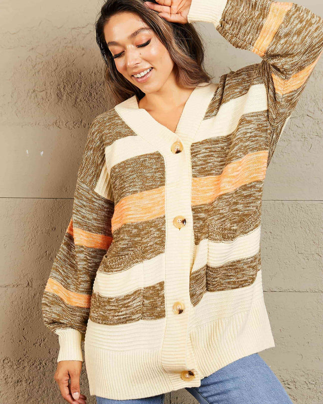 Woven Right Striped Button Down Longline Cardigan with Pockets