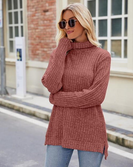 Ribbed Turtleneck Long Sleeve Slit Knit Top