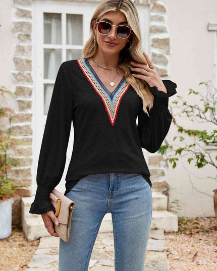 Eyelet Flounce Sleeve V-Neck Blouse