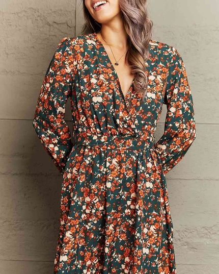 Printed Surplice Neck Long Sleeve Dress