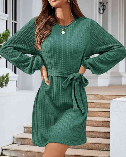 Round Neck Tie Front Long Sleeve Dress